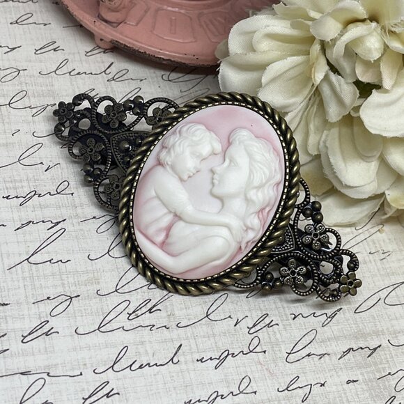Pink White Mother Child Christmas Gift Mom New Cameo Pin Hair Clip Jewelry Comb - Picture 5 of 11